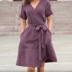 Menique 100% Linen Wrap Dress Eliana Purple Size Large Sustainable V Neck